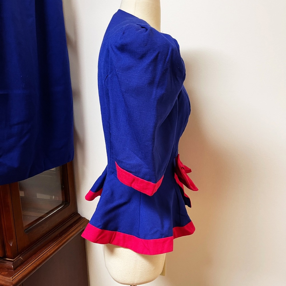 Leslie Lucks Vintage 80s Cobalt Blue Pink Bow Peplum Jacket and Skirt Set Small - Picture 3 of 7